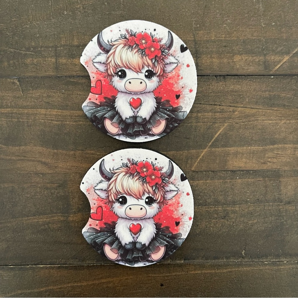 Highland Cow Car Coasters with Red Hearts & Black Tutu-Set of 2